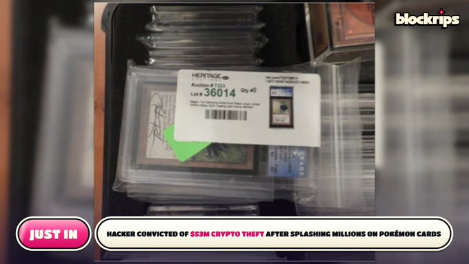 Graded Pokémon cards in protective cases are shown with a 'JUST IN' news banner reading 'HACKER CONVICTED OF $53M CRYPTO THEFT AFTER SPLASHING MILLIONS ON POKÉMON CARDS' from blocktribs.