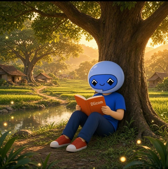 An illustration of a blue character with a rounded head, wearing a blue 'Discord' shirt, sitting under a large tree reading a book, with a village and river in the background.