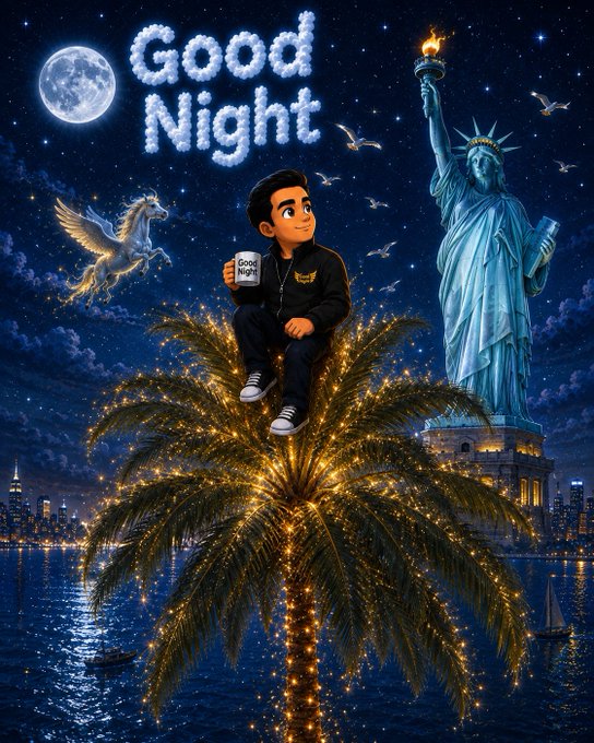 A digital artwork showing a cartoon character sitting on a palm tree with 'Good Night' written in cloud-like text above, alongside the Statue of Liberty, a Pegasus, and a moonlit cityscape.