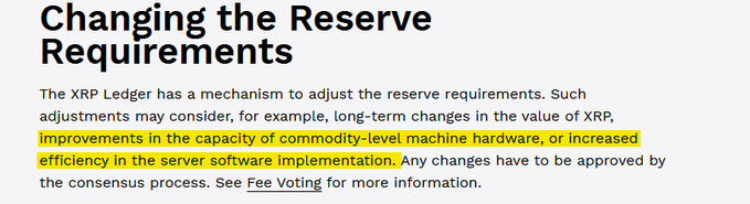 A text excerpt titled 'Changing the Reserve Requirements' explaining how the XRP Ledger adjusts reserves through consensus, with a highlighted section about hardware or server software efficiency improvements.