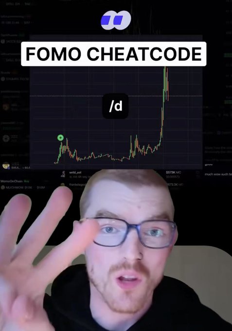 A man with glasses and a beard holds up his hand while a meme image behind him displays "FOMO CHEATCODE" with "/d" and a Solana price chart showing a dramatic spike, humorously suggesting that buying SOL is a shortcut to overcoming FOMO without needing paid courses.