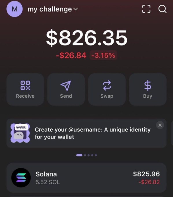 A crypto wallet screenshot showing a balance of $826.35 (-3.15%, down $26.84) with 5.52 SOL valued at $825.96, displayed under the account name "my challenge" — visually capturing the early stage of a $5 to $1,000 SOL trading challenge that has already grown significantly.