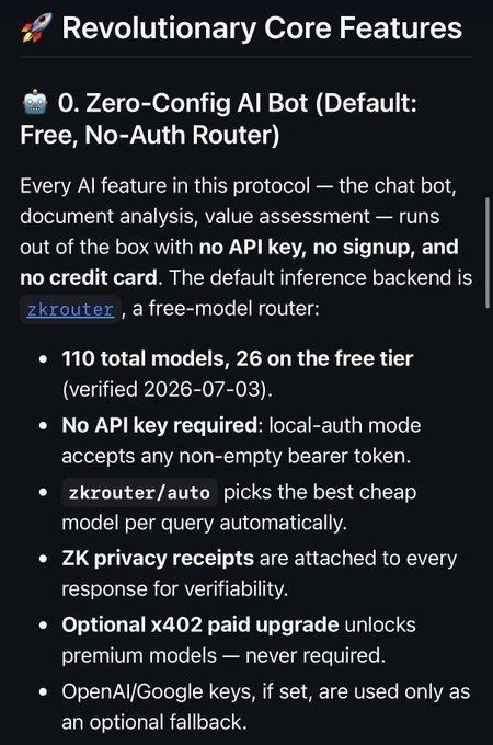 A dark-themed feature page titled '🚀 Revolutionary Core Features' describing '0. Zero-Config AI Bot (Default: Free, No-Auth Router)' with bullet points listing 110 total models (26 free tier), no API key required, zkrouter/auto model selection, ZK privacy receipts, optional x402 paid upgrade, and OpenAI/Google key fallback.