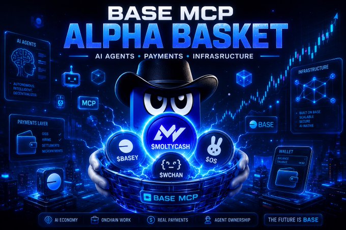 The image features an advertisement for a cryptocurrency called Base MCP Alpha Basket, which is designed as a cartoon character wearing a cowboy hat holding a basket of coins. The background of the image is blue with various symbols related to cryptocurrency and blockchain technology. The text in the image reads "Base MCP Alpha Basket" and "I’ve been building a small basket of alphas coming directly from the @buildonbase MCP ecosystem".