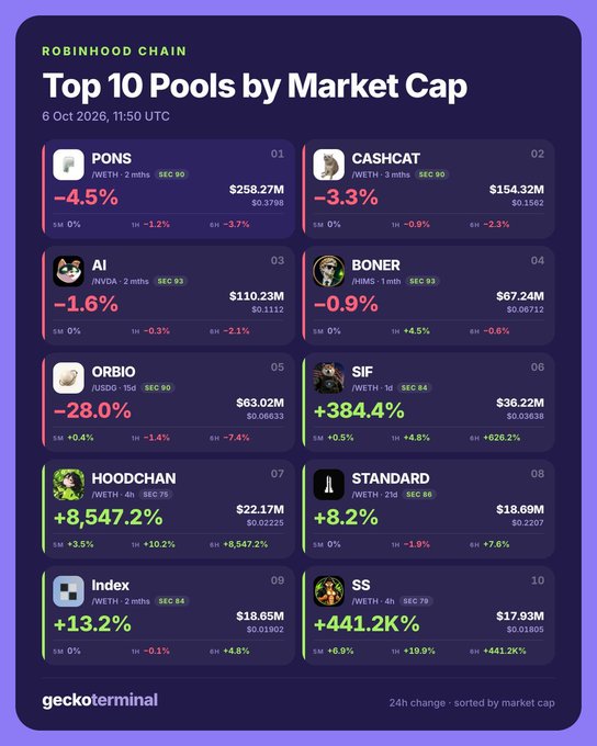 A dashboard from geckoterminal showing the Top 10 Pools by Market Cap on Robinhood Chain as of 6 Oct 2026, featuring tokens including PONS, CASHCAT, AI, BONER, ORBIO, SIF, HOODCHAN, STANDARD, Index, and SS with their 24-hour percentage changes.