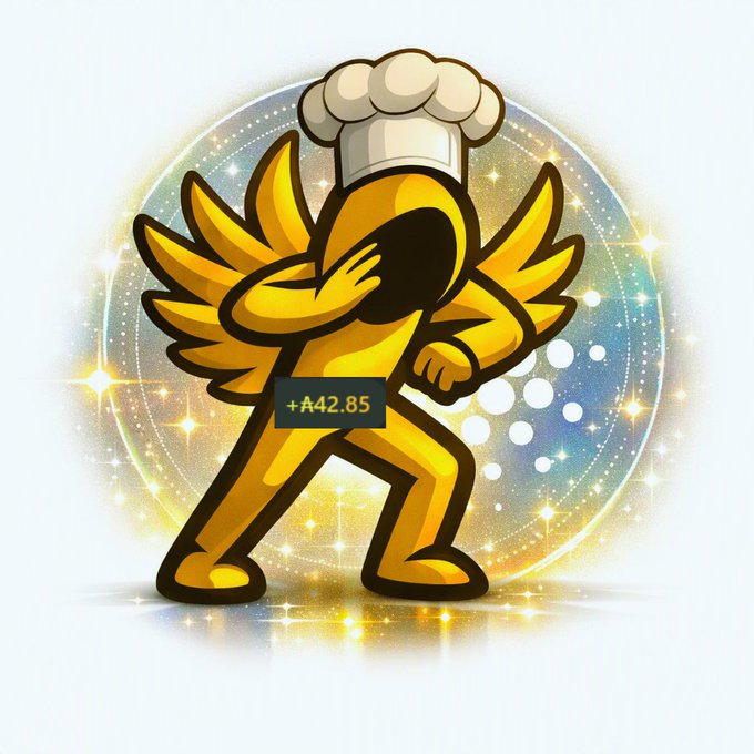 A cartoon illustration of a yellow character wearing a chef's hat doing the 'dab' pose, with a '+A42.85' label, set against a sparkly cosmic background.