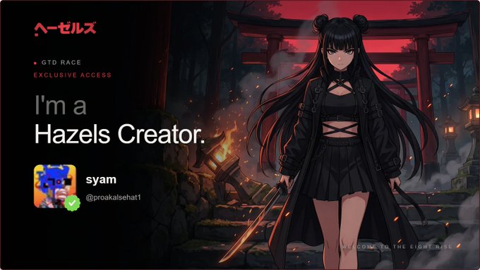 A digital profile card or badge titled 'I'm a Hazels Creator' with the username 'syam' (@proakalsehatt), featuring anime-style artwork of a dark-haired female character in black clothing against a red torii gate backdrop.