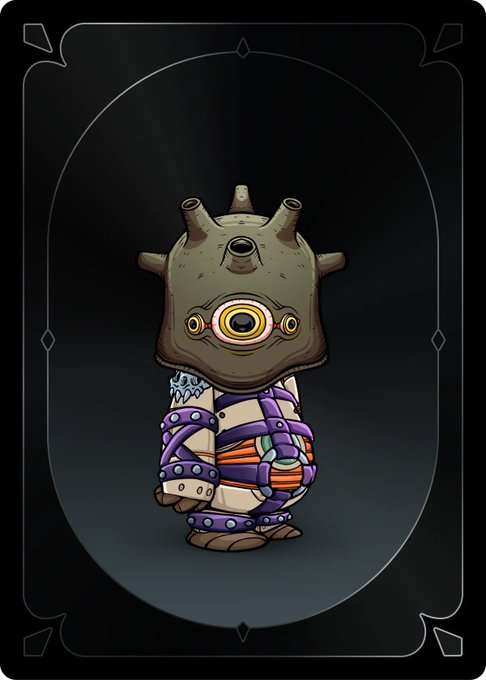 A digital illustration of a small fantasy character wearing an olive-green helmet with a single large yellow eye and spikes, wrapped in purple rope bindings against a dark oval background.