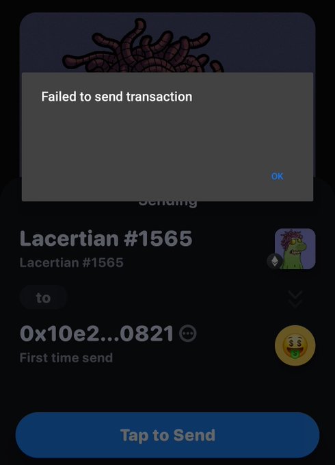 The message reads, "What's wrong withETH? I can't send an NFT Have tried from my Metamask and from my Rainbow wallet..." This shows that there might be issues or limitations related to cryptocurrency transactions and the use of certain wallets for sending digital assets like NFTs. The image does not provide enough information about what is specifically wrong with the Ethereum transaction, but it seems like there might be some problem encountered by the user while trying to send an NFT using their Rainbow wallet.