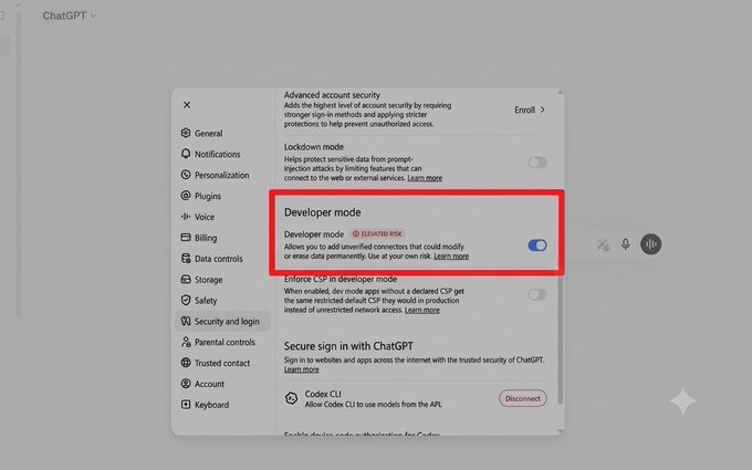 A screenshot of ChatGPT's settings menu with a red box highlighting the "Developer mode" toggle option under the Security and Login section, which the post references as a step to enable in order to prepare for potential Moonpay USDC drops.