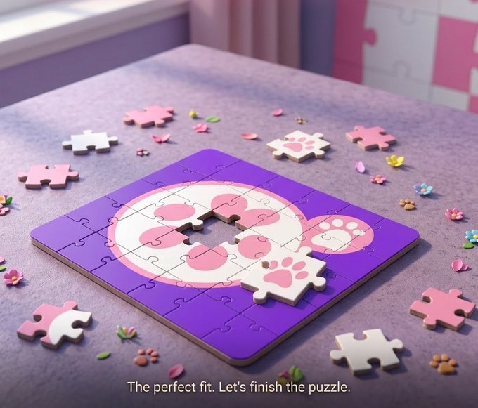 A 3D render of a partially completed puzzle on a purple surface with pink and white paw print pieces scattered around, accompanied by the text 'The perfect fit. Let's finish the puzzle.'