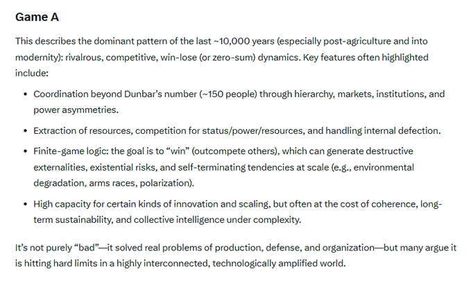 **Caption:** An informational slide titled "Game A" describing the rivalrous, competitive, win-lose pattern that has dominated the last ~10,000 years, characterized by hierarchy, resource extraction, zero-sum logic, and finite-game goals that can lead to destructive externalities.

**Relation to the post:** The slide appears to be part of a conceptual framework comparing two different "games" or coordination models—one competitive/extractive (Game A) versus presumably a more cooperative one. The post uses this framework as a lens to contrast the design philosophies of Bitcoin and XRP for crypto audiences.