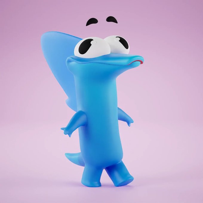 A 3D-rendered blue cartoon character with a tall fin, large googly eyes, and a small tongue sticking out stands against a soft purple background.