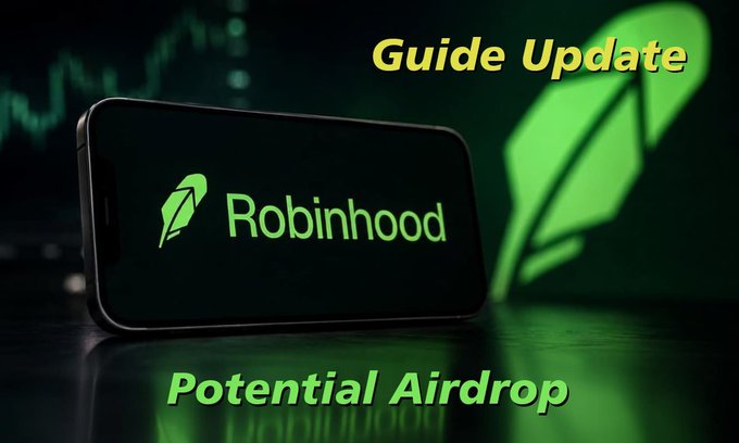 Robinhood logo on a smartphone screen beside the text "Guide Update" and "Potential Airdrop."

The image visually introduces the post's topic of Robinhood Chain's mainnet launch, using the company's branding alongside "Potential Airdrop" text to suggest the guide covers a possible token distribution tied to the new Ethereum Layer 2 network.