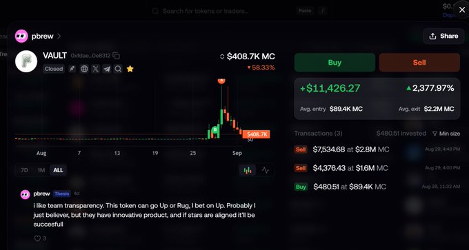 A cryptocurrency trading interface displays the token 'VAULT' (0xd1ae...0eB3f2) on the pbrew platform, showing a market cap of $408.7K MC, a 68.33% change, and a +$11,426.27 profit, along with transaction history showing buy and sell orders.