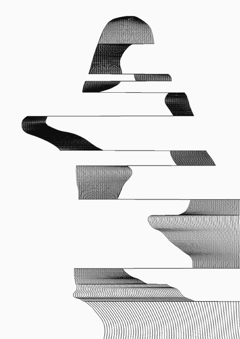 An abstract black and white graphic featuring layered, flowing horizontal bands with fine textured line patterns, resembling a stylized typographic design.