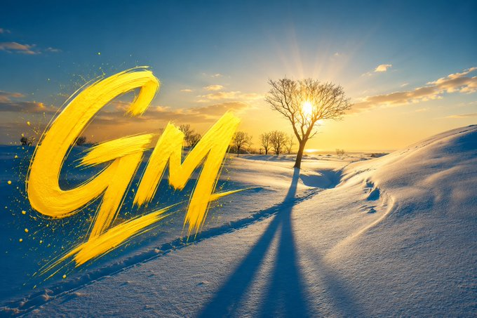 A winter landscape at sunset with a bare tree silhouetted against the sun, casting long shadows across snow-covered ground, with stylized yellow 'GM' text overlay on the left side.