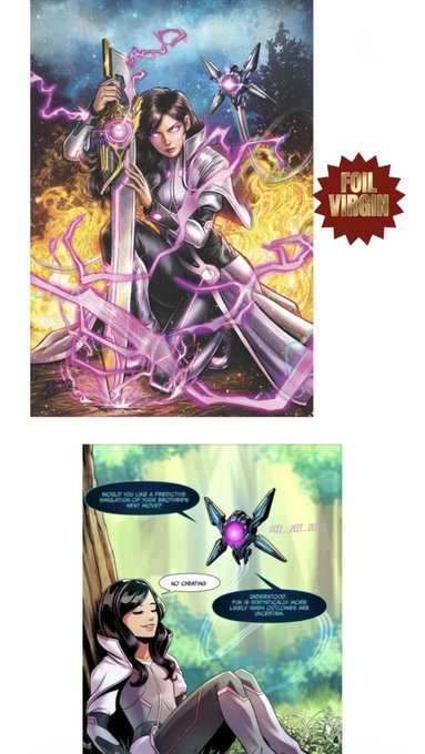 Comic book panels featuring a dark-haired female warrior with a sword and a floating star-shaped drone, with a "FOIL VIRGIN" stamp in the corner.