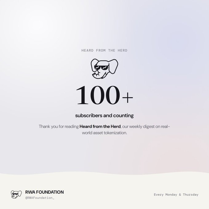 A promotional graphic for 'Heard from the Herd' newsletter from RWA Foundation (@RWAFoundation_) celebrating '100+ subscribers and counting', published 'Every Monday & Thursday'.