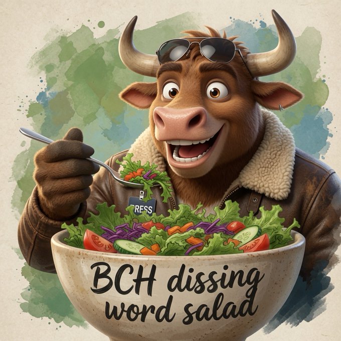 A cartoon illustration of a brown cow wearing sunglasses and a jacket, eating a salad from a bowl labeled 'BCH dissing word salad'.