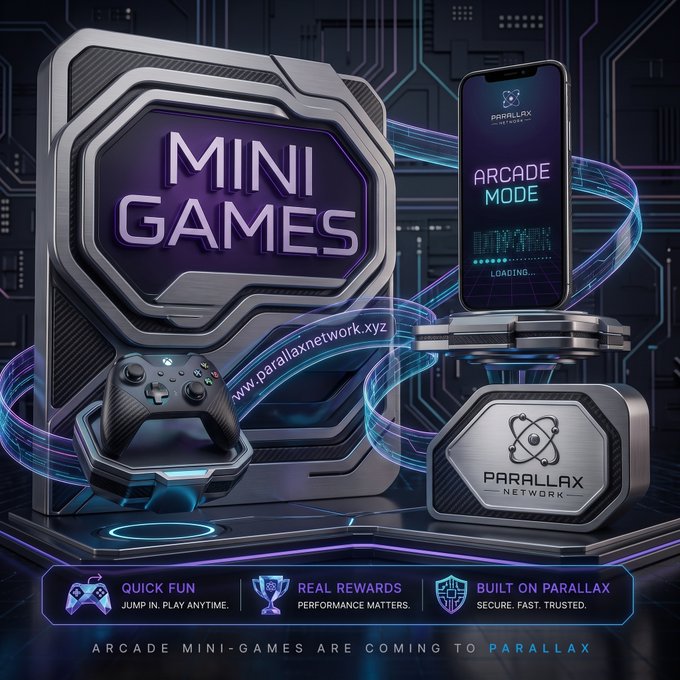 A promotional graphic for 'Mini Games' on Parallax Network (www.parallaxnetwork.xyz), highlighting features like 'Quick Fun', 'Real Rewards', and 'Built on Parallax', with an 'Arcade Mode' loading screen on a smartphone and a game controller displayed.