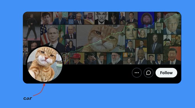 The image shows a Twitter profile mockup with a cat avatar labeled "car" overlaying a collage of world leaders and a price chart, representing Polymarket creator Car's potential fumbled airdrop.