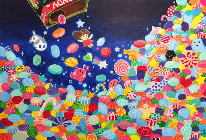 A colorful, vibrant painting featuring a dense collection of various candies and sweets, including lollipops, jelly beans, and chocolates, with cute cartoon faces. A box of 'KANDY' sits at the top, spilling treats into a magical, starry scene with a small girl character.
