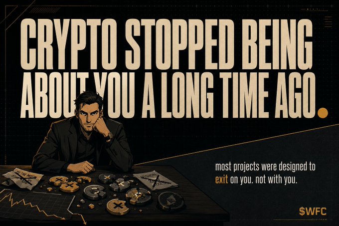 The image features a man sitting at a table surrounded by stacks of money. The text "Crypto stopped being about you, long time ago" is written above him, suggesting that the focus of the image is on the negative aspects of cryptocurrency rather than its positive potential. This could be interpreted as an anti-cryptocurrency sentiment or a warning against investing in it.