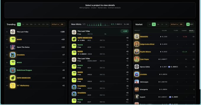 A cryptocurrency meme token tracking dashboard showing Trending tokens (MOGS, Croakins, HEPE MEMECOIN), New Mints, and Market data with $MAXREND and $BNB/USDC pairs.