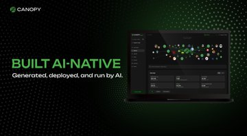 The image shows a Canopy (CNPY) branded graphic featuring a dark interface dashboard with green accents, displaying the text "BUILT AI-NATIVE" and "Generated, deployed, and run by AI." This visually reinforces the post's mention of Canopy's user-friendly rewards platform and onchain quests by highlighting the platform's AI-native infrastructure that simplifies deployment and usage rather than just promoting the concept.