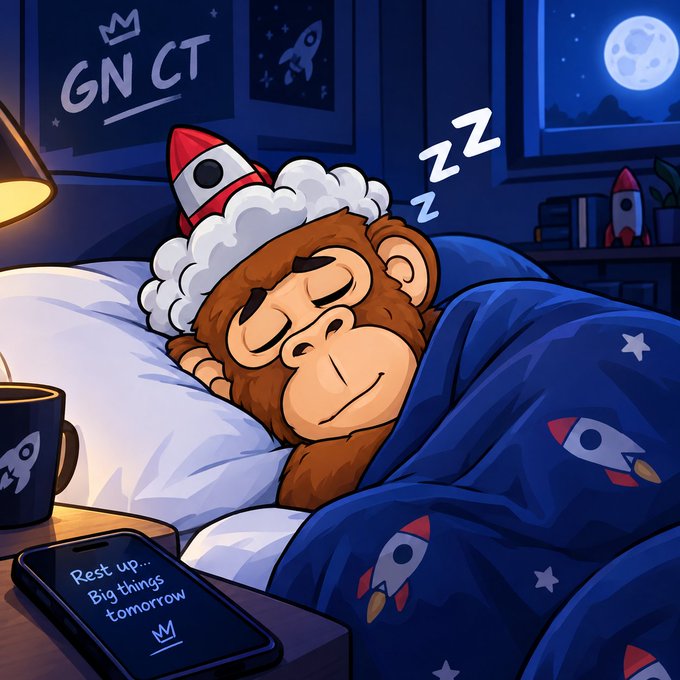 An illustrated cartoon of a monkey sleeping peacefully in bed wearing a rocket ship hat, with 'GN CT' text on the wall and a phone displaying 'Rest up... Big things tomorrow' on the nightstand.