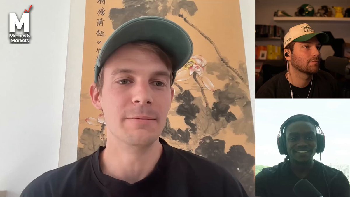 The image shows three men wearing headphones, with one man wearing a green baseball cap. The background features an Asian art piece that includes Chinese characters. The caption of the image reads "Founder of the RWA Foundation & WALLY DAO, Happy Konings on BlackRock and Bitcoin: 
BlackRock probably doesn'c believe in it as they just understand it and recognize the market opportunity."