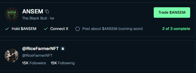 A crypto trading interface for the $ANSEM token (The Black Bull), showing completed tasks to hold and connect X, with an option to post about $ANSEM coming soon.