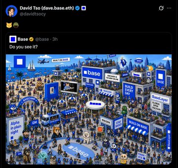 David Tso (@davidtsocy), Head of Ecosystem and Ventures at Base, quoted a Base tweet asking "Do you see it?" alongside an illustrated "Where's Waldo"-style scene depicting the Base ecosystem with hidden Basecat characters scattered throughout, reinforcing the post's claim that $BASECAT is the obvious alpha play ahead of Coinbase's imminent launch to 110M users.