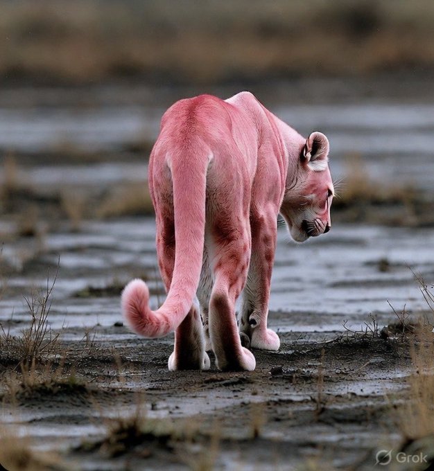 A surreal AI-generated image showing a pink-furred big cat (a cougar or lioness) walking away on dry, cracked earth, with a 'Grok' watermark in the corner.