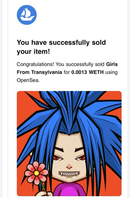 An OpenSea NFT sale confirmation notification reading 'You have successfully sold your item! Congratulations! You successfully sold Girls From Transylvania for 0.0013 WETH using OpenSea,' displayed above an anime-style character with spiky blue hair holding a pink flower.