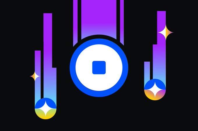A graphic design featuring two circles with a white center surrounded by blue stars against a black background. The design includes a purple line running across the frame, as well as purple and blue lines extending outwards from the central circle. In the bottom left corner of the image, there is text that reads "Good afternoon everyone A little progress, a little learning, and a lot of building on @base".
