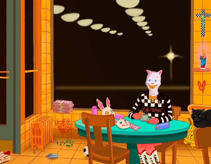The image features a cartoon illustration of a person sitting at a table with a cat, surrounded by various objects such as a chair, a dog, and a book. The scene takes place in an orange room with a window that has white circles on it. The caption for the image reads "New drop live My contribution to Algorithm Victims: Ruin Art History AGAIN! curated by @avsg666".