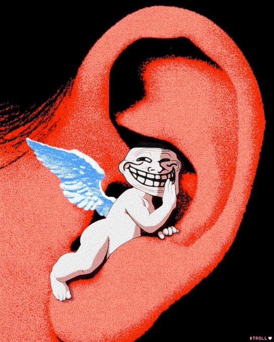 An illustration of a troll face character with blue angel wings sitting inside a large red ear, signed '#TROLL' in the bottom right corner.