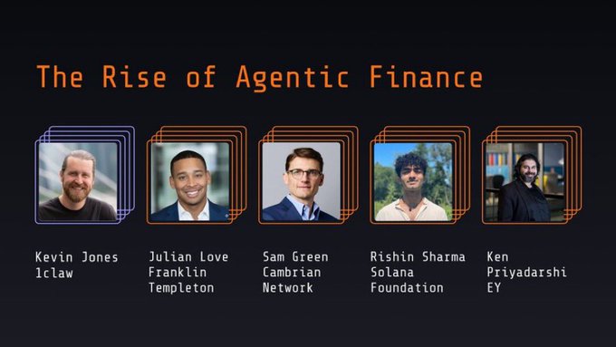 A presentation slide titled "The Rise of Agentic Finance" featuring headshots and names of five speakers: Kevin Jones (Iclaw), Julian Love (Franklin Templeton), Sam Green (Cambrian Network), Rishin Sharma (Solana Foundation), and Ken Priyadarshi (EY).