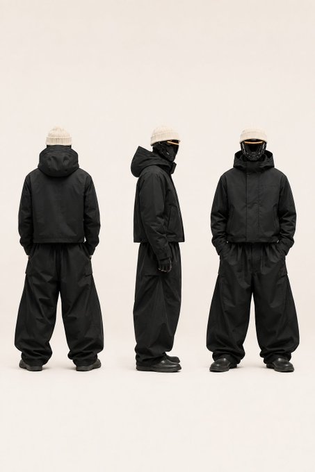 A model is shown from three angles wearing an all-black technical streetwear outfit, including a hooded jacket, baggy cargo pants, black gloves, black boots, a cream beanie, and a black face covering—fitting the casual, weekend-ready vibe of the "Happy Friday, weekend is here" message.