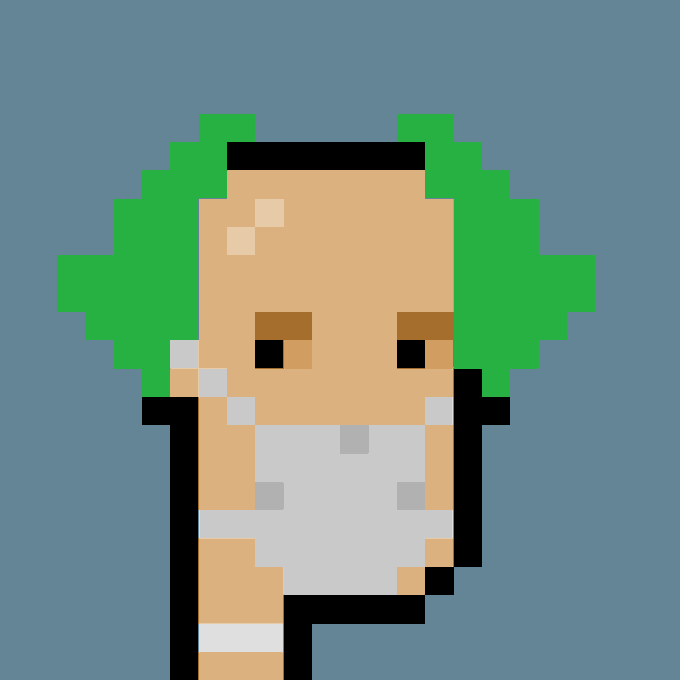 A pixel art character with bright green hair, peach skin, and a white tank top stands against a gray-blue background, representing CryptoPunk #5656—a digital collectible recently purchased for 39.99 ETH (approximately $67,803 USD) on the blockchain.