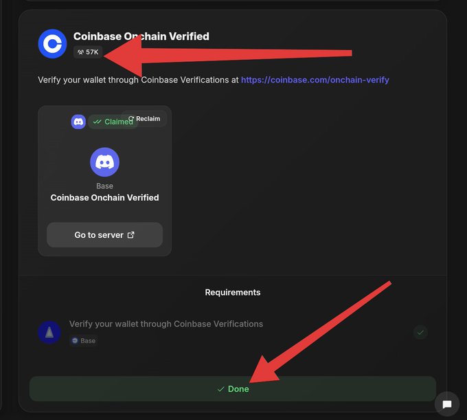 A Coinbase Onchain Verified Discord role interface showing 57K members, with red arrows pointing to "57K" and the green "✓ Done" verification button.