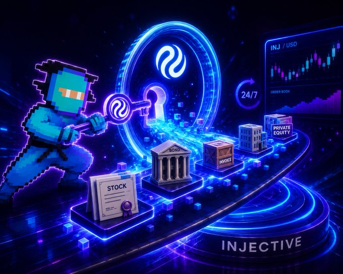 A neon digital artwork promoting the Injective protocol, featuring a pixel character with a key, holographic elements, and a trading chart labeled INJ/USD.