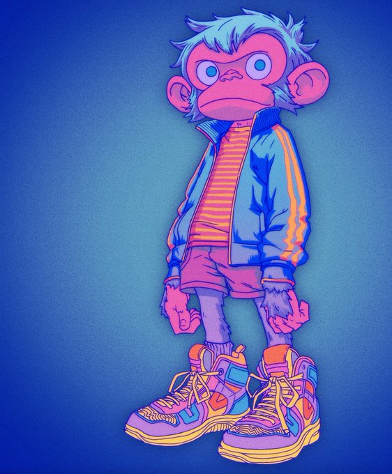 A vibrant digital illustration of a pink monkey character wearing a blue track jacket with orange stripes, striped pants, and colorful sneakers against a blue background.