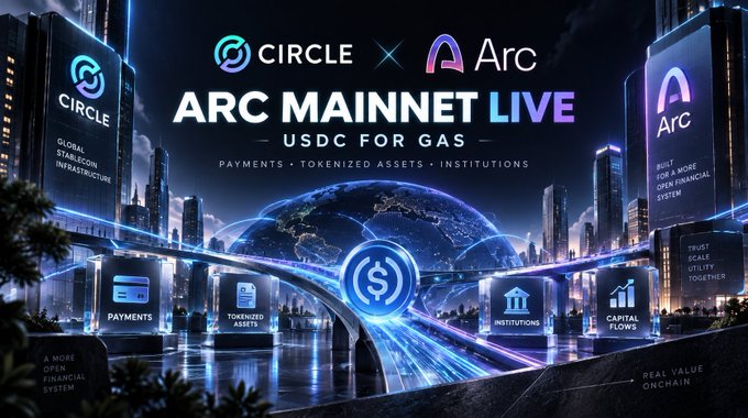 A promotional banner showing 'CIRCLE x Arc' collaboration with 'ARC MAINNET LIVE' and 'USDC FOR GAS' text, featuring a futuristic cityscape with a digital globe and icons for payments, tokenized assets, institutions, and capital flows.