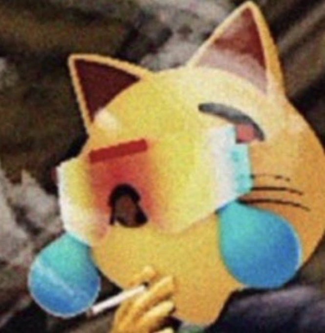 A cartoonish yellow cat with exaggerated pink blush, crying blue tears while smoking a cigarette.