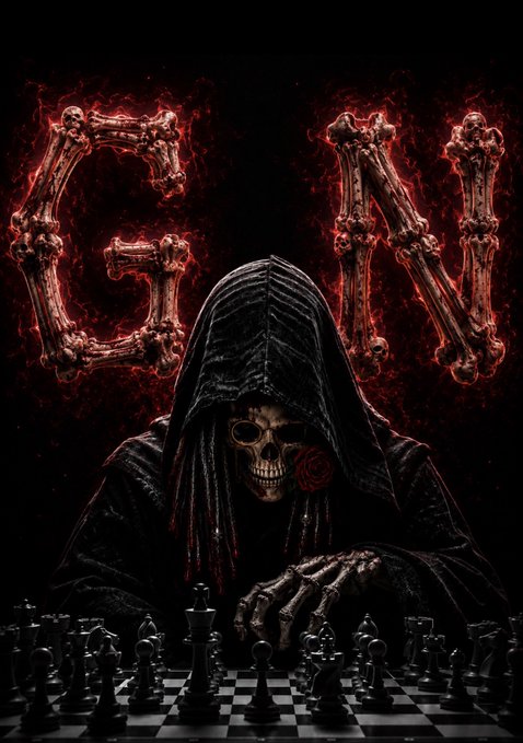 A hooded skeletal figure plays chess in front of a black and white board, with large, fiery bone letters 'G' and 'N' glowing behind it, visually representing the phrase 'Good night y'all'.
