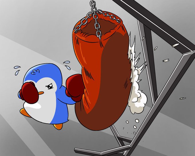 A cartoon illustration of a cute blue and white penguin wearing red boxing gloves, sweating nervously while punching a red heavy punching bag mounted on a metal stand.