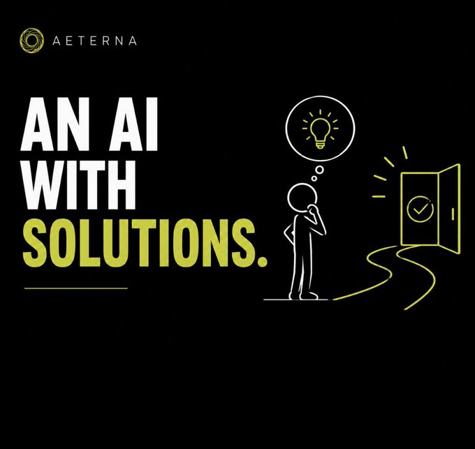A black promotional graphic features the AETERNA logo and the text "AN AI WITH SOLUTIONS." alongside a line drawing of a figure with a lightbulb thought and an open door marked with a checkmark.